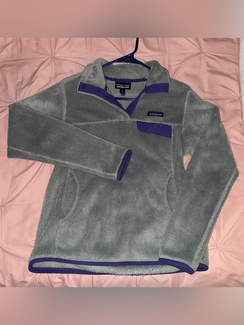 Patagonia Womens Gray Fleece Snap-Up Pullover with Purple Trim